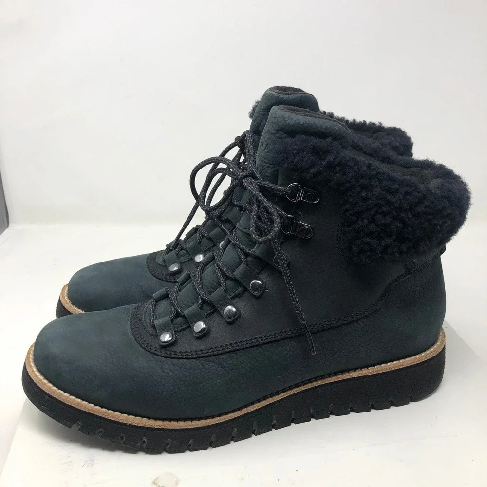 Cole Haan Grand Explore Hiker Boots Womens 9.5 Black Leather Shearling Hiking